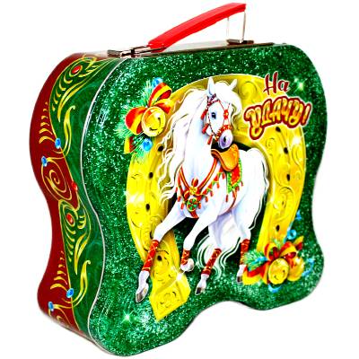 Детский новогодний подарок в жестяной упаковке весом 1000 грамм 